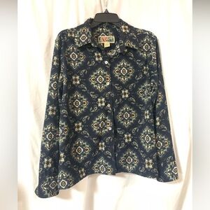 La Cabana Sueded Button Down Blue Paisley Blouse Top Shirt Women Large VINTAGE